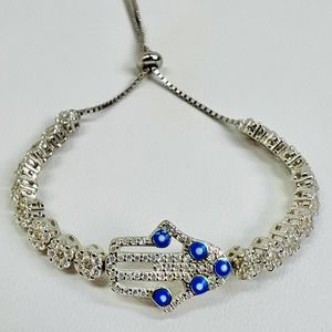 Hamsa Hand Bracelet 925 Silver Fatima White CZ Stones Adjustable